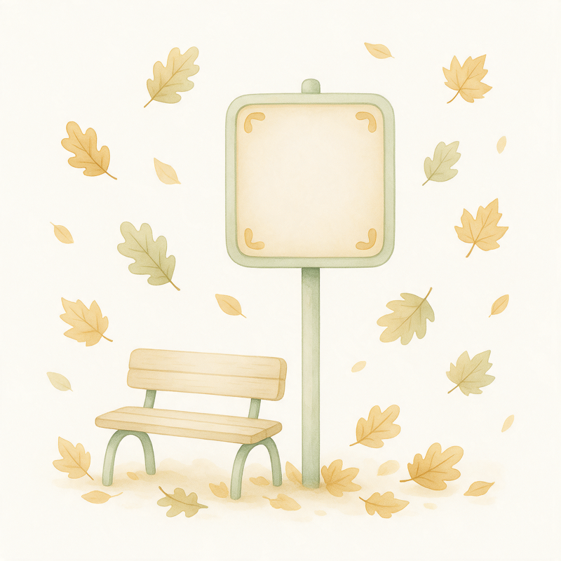 Illustration einer Bushaltestelle mit Bank und Herbstblättern