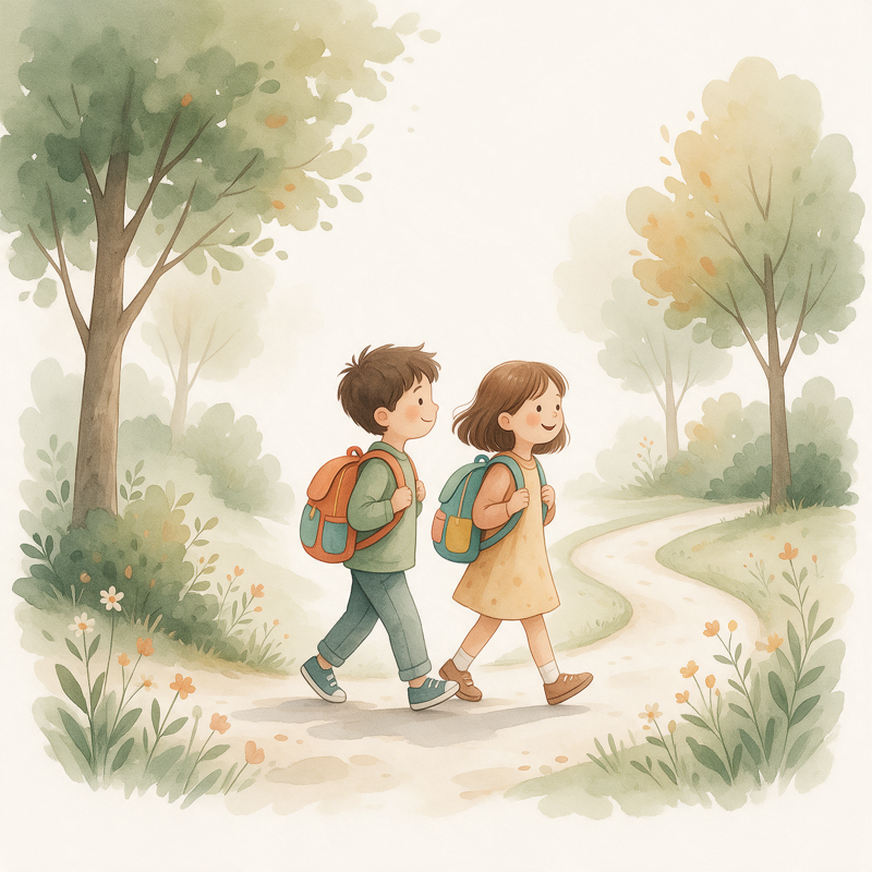 Illustration von zwei Kindern mit Rucksack auf dem Schulweg
